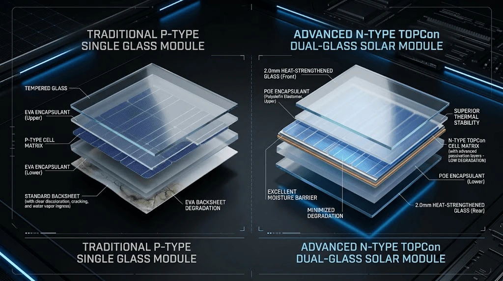 Technical diagram illustrating Potential-Induced Degradation (PID) and sodium-ion migration in 1500V utility solar panel layers Technical diagram illustrating Potential-Induced Degradation (PID) and sodium-ion migration in 1500V utility solar panel layers