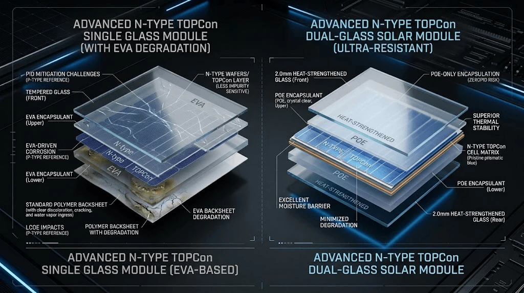 Structural comparison between N-type TOPCon dual-glass solar module and standard P-type PERC panel showing POE encapsulation barrier Structural comparison between N-type TOPCon dual-glass solar module and standard P-type PERC panel showing POE encapsulation barrier