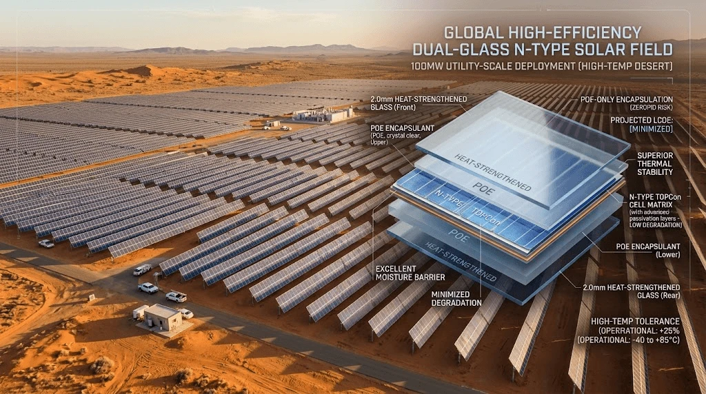 High-capacity 700W N-type TOPCon dual-glass solar panels installed in a high-temperature desert utility PV project High-capacity 700W N-type TOPCon dual-glass solar panels installed in a high-temperature desert utility PV project